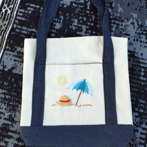 Summer Beach Canvas Tote Bag with sun hat and umbrella embroidery