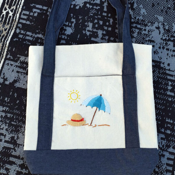Summer Beach Canvas Tote Bag with sun hat and umbrella embroidery
