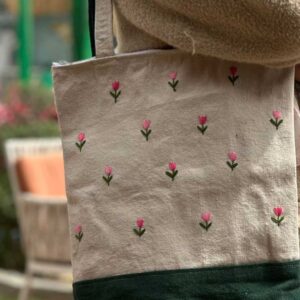 Pink Tulip Garden Tote Bag | Handmade Embroidered Design